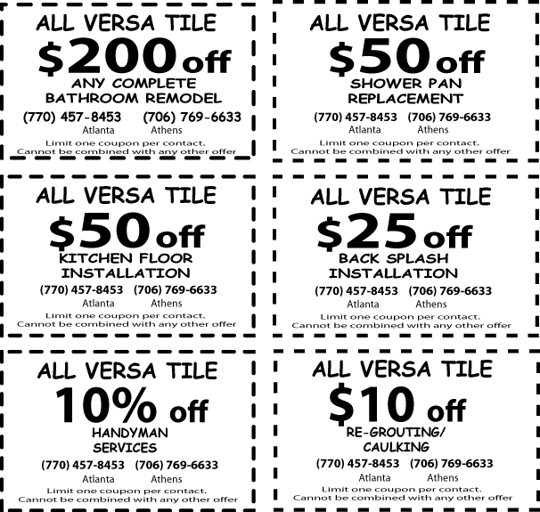 Coupons for Complete Bathroom renovation, coupon for Shower Pan, Coupon for Tile